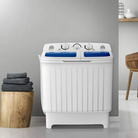 Chill Compact Twin Tub Washing Machine, 12 Lb Washer And 8 Lb Spinner Combo, front view showing manual timer and dual drum.