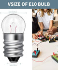 Diagram of E10 bulb dimensions and students using 20 Pack E10 Mini Light Bulbs With E10 Screw Base for circuit experiments.