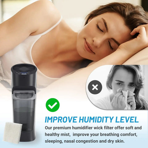 Woman sleeping peacefully next to Honeywell HEV615 humidifier with 6 Pack Humidifier Wicking Filters HFT600T Replacement for better air quality.