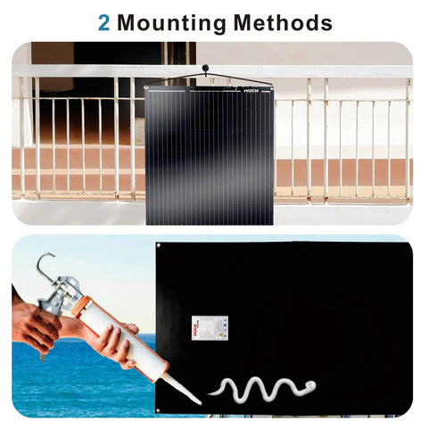 Road Trip Ready 200W Flexible Solar Panel Kit showing two mounting methods with adhesive and hooks for RVs, boats, or cars.