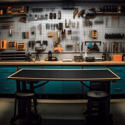 Workbench with Self Adhesive Work Bench Mat 23.5 X 200 Inch PU Floor Runner for Garage and Workshop, black mat surface, tools on pegboard.