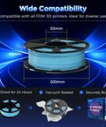 Ultra Bright Glow PLA Filament 1.75mm 1kg spool shown with packaging and dimensions for fast 500mm/s printing in blue glow