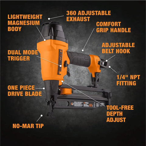 Second Gen Pneumatic 16 Gauge Two And A Half Inch Straight Finish Nailer with features labeled, including magnesium body and adjustable belt hook.