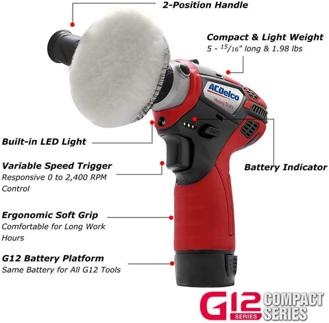 Image of a 12V Cordless Mini Polisher from the Combo Kit, featuring ergonomic soft grip and built-in LED light for precision work.