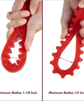 Hands demonstrating flexibility of 78 Inch Flexible Curve Guide Router Template, showing minimum radius options 1-1/8 inch and 1/2 inch.