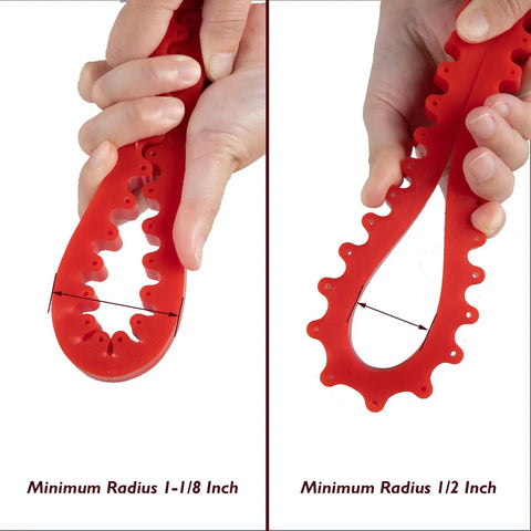 Hands demonstrating flexibility of 78 Inch Flexible Curve Guide Router Template, showing minimum radius options 1-1/8 inch and 1/2 inch.