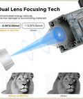 Dual lens focusing tech of Dope 10W Desktop Laser Engraver Kit, showing blue laser beam and engraving precision comparison with lion images.