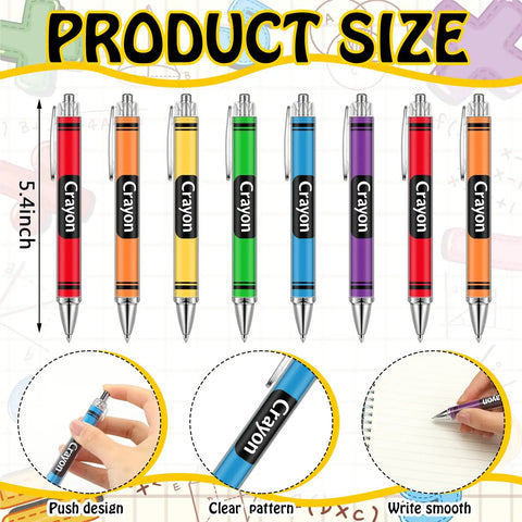 100 Pack Crayon Themed Ballpoint Pens Bulk Pack Cute Back To School Gifts For Teachers And Coworkers Thank You Gifts For The First Day Of School Office Supplies In 6 Styles shown in assorted colors with size diagram