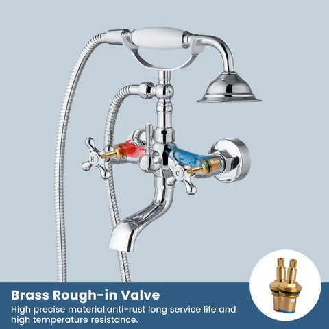 Wall Mount Bathtub Faucet With Telephone Handheld Sprayer Double Hot And Cold Mixer Cross Handles Old School Victorian Chrome Tub Filler For Clawfoot Tubs