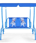 Blue 2 seat kids patio swing with adjustable canopy and safety belt, featuring cartoon dogs, all weather waterproof for garden.
