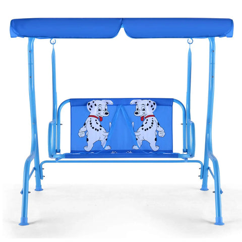 Blue 2 seat kids patio swing with adjustable canopy and safety belt, featuring cartoon dogs, all weather waterproof for garden.