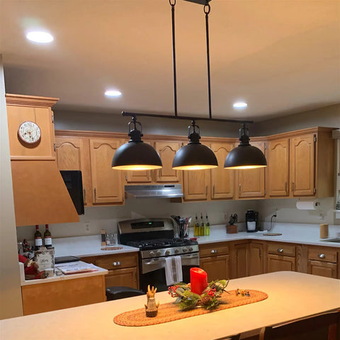 34 Inch Three Light Industrial Kitchen Island Pendant With Dome Shade Lighting Swivel Joints Brushed Nickel Finish Modern Farmhouse Style Chandelier For Kitchen Bar And Breakfast Nook Sleek And Functional in kitchen setting.