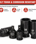 Get That Heavy Duty 12-Piece Metric Impact Socket Set With Long Reach Sockets From 27 To 38mm For Serious Tough Jobs Plus Universal Joint And Adapter Included, Cr-Mo black sockets