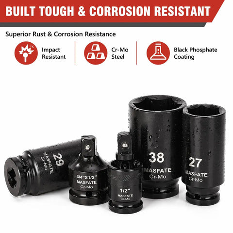 Get That Heavy Duty 12-Piece Metric Impact Socket Set With Long Reach Sockets From 27 To 38mm For Serious Tough Jobs Plus Universal Joint And Adapter Included, Cr-Mo black sockets