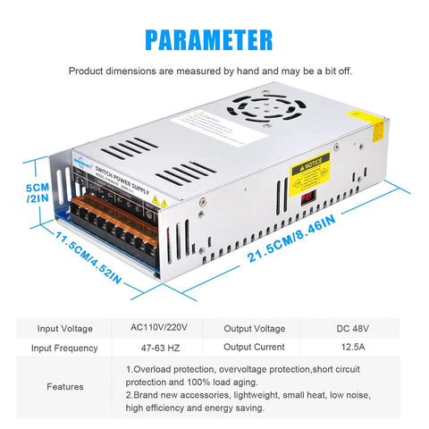 Switch power supply unit for CNC Beast Brushless Spindle Motor Kit 600W ER16 48V DC 0 To 9000RPM, showing dimensions and features