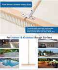 Heavy Duty Push Broom With Rock Solid Four Layer Stiff Plastic Bristles And A Beefy Wooden Handle for garage and patio cleaning.