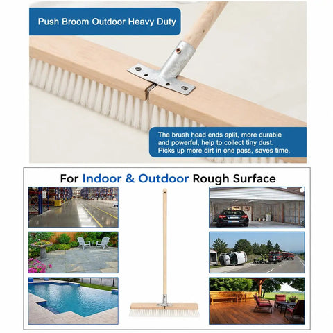 Heavy Duty Push Broom With Rock Solid Four Layer Stiff Plastic Bristles And A Beefy Wooden Handle for garage and patio cleaning.