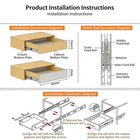 Soft Close Drawer Slides 20 Inch Heavy Duty 1 Pair Rugged Steel With Dual Ball Bearings For Smooth Quiet Opens And Long Lasting Durability Ideal For Kitchen Cabinets Dressers And Garage Drawers installation diagram