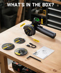 Cordless Angle Grinder With LED Display, Pro-Grade Brushless Power, Go-To DIY Cut Off Tool, 3 Speed Modes, with 4 blades and Type C Charger on table.