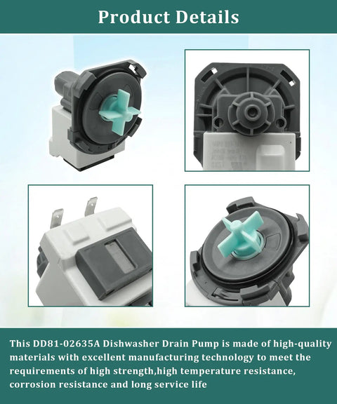 Easy Install Dishwasher Drain Pump Assembly DD8102635A Replacement 120V 60Hz 0.7A High Flow Pump Fits DW80N3030UB AA DW80N3030UW AA And DW80N3030 Models No Fuss Maintenance And Long Lasting Performance, gray plastic dishwasher drain pump assembly with turquoise impeller