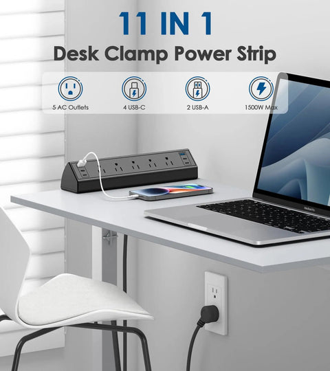 Desk Clamp Power Strip With USB C 40W Fast Charging 4 PD 20W Ports Edge Mount Surge Protector 5 Outlets Fits 1.96 Inch Desk Edge ETL Listed Durable Construction installed on desk