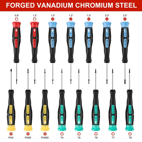 19 Piece Precision Screwdriver Set With Magnetic Tips And Non Slip Grip In A Pouch For PC Laptop Phone Camera Eyeglasses Watch And Toys Including Phillips Flathead Pentalobe And Torx Drivers Must Have Go To Everyday Toolbox displayed with sizes and types.