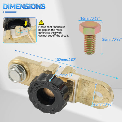 Dimensions of Side Post Battery Disconnect Switch For Cars Trucks And Boats Quick Cutoff Isolator Kill Switch Battery Drain Prevention Durable Zinc Alloy Copper Plating Rust Resistant Safe Easy Install High Conductivity