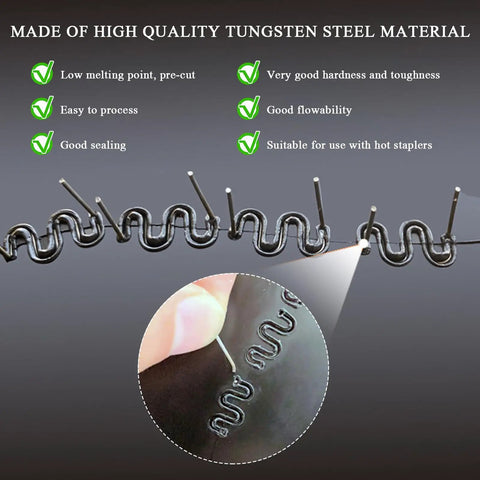 Close-up of Hot Staples Welding Rods 500 Pcs Set 0.6mm 0.8mm wave shape for bumper and dashboard plastic repair process.
