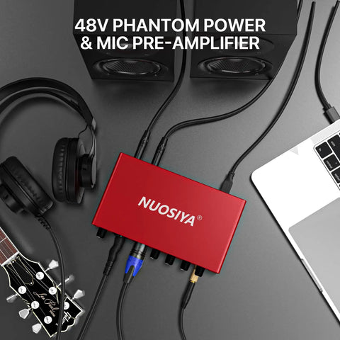Red USB Audio Interface For PC And Mac, Pro Grade Studio Sound 24 Bit 192 KHz, Real Time Monitoring, 48V Phantom Power setup