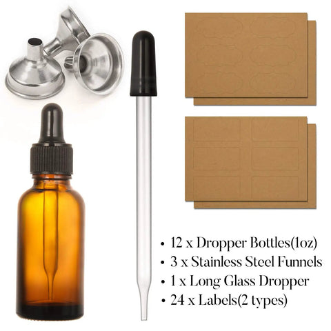 Twelve Knockout Amber Glass Dropper Bottles With Three Slick Stainless Steel Funnels And One Long Graduated Pipette Plus Twenty Four Waterproof Labels For Essential Oils And Hassle Free Beauty Blends