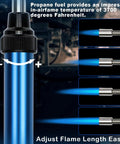 MAP And MAPP Gas Soldering Mini Pen Torch Kit With 3 Foot Hose 6 Replaceable Heads Piezo Igniter showing flame adjustment.