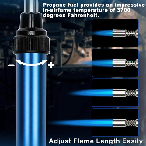 MAP And MAPP Gas Soldering Mini Pen Torch Kit With 3 Foot Hose 6 Replaceable Heads Piezo Igniter showing flame adjustment.