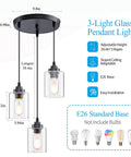 Three Light Pendant Lighting Fixture For Kitchen Island And Dining Area With Adjustable Cords And Glass Shades In Black Finish