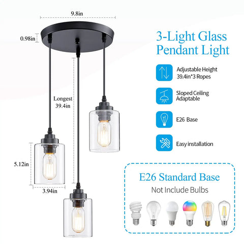 Three Light Pendant Lighting Fixture For Kitchen Island And Dining Area With Adjustable Cords And Glass Shades In Black Finish