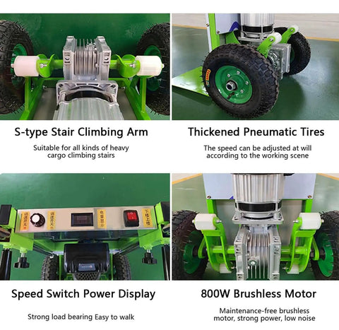 Ultra Heavy Duty Electric Stair Climbing Hand Truck, 800W Brushless Motor showing S-type stair climbing arm and thick pneumatic tires.