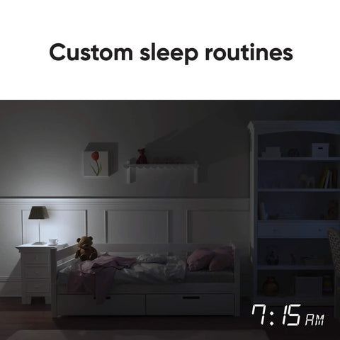 Bedroom scene at 7:15 AM with soft lighting from Brighten Up With A 1100 Lumen WiFi RGB And Tunable White A19 Smart Bulb That Works With Alexa And Google Assistant One Pack Certified For Humans Easy Setup Game Changer Lighting For Any Room, showing custom sleep routines with nightstand lamp, teddy bear, and bookshelf.