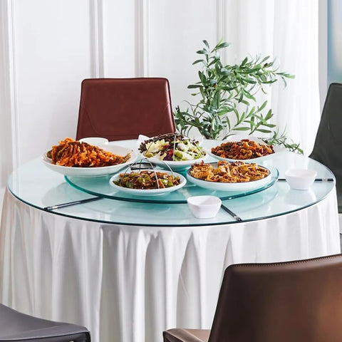 Smooth Operator Tempered Glass Lazy Susan Turntable Serving Tray Hella Sturdy Silent Bearing Rotation For Dining Table Kitchen Centerpiece 70 Cm dinner upgrade with various dishes on it.