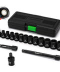 Shallow Magnetic Impact Socket Set For Three Eighths Inch Drive, 16 Piece, Metric 7mm To 19mm, 6 Point CRMO Steel with case