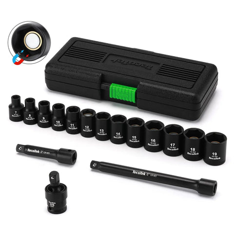 Shallow Magnetic Impact Socket Set For Three Eighths Inch Drive, 16 Piece, Metric 7mm To 19mm, 6 Point CRMO Steel with case