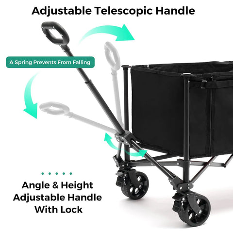 Collapsible Wagon Cart With Wheels 150L Foldable Grocery Wagon With Removable Side Walls 200Lbs Capacity Heavy Duty Utility Cart Adjustable Handle For Dogs Shopping Garden Black showing adjustable telescopic handle