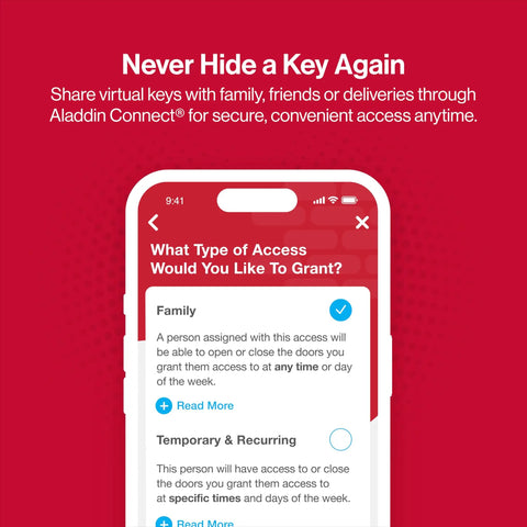 Smartphone displaying virtual key access options for QuietLift Connect WiFi Smart Garage Door Opener With Wireless Keypad Ultra Quiet Three Quarter HPC Belt Drive Works With Alexa And Google Assistant Model 3053 TKV