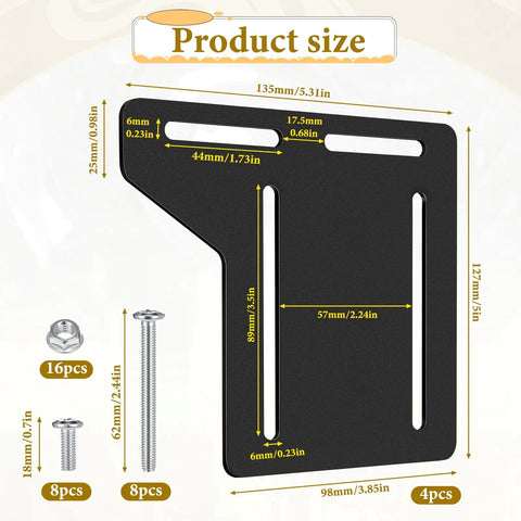 Diagram showing dimensions of Four Pack Heavy Duty Bed Frame Brackets Adapter Kit for Headboard and Footboard