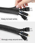 No Sweat 10 Foot 1/2 Inch Black Cable Sleeve Split Wire Loom Tubing showing easy loading and secure wrapping of cords.