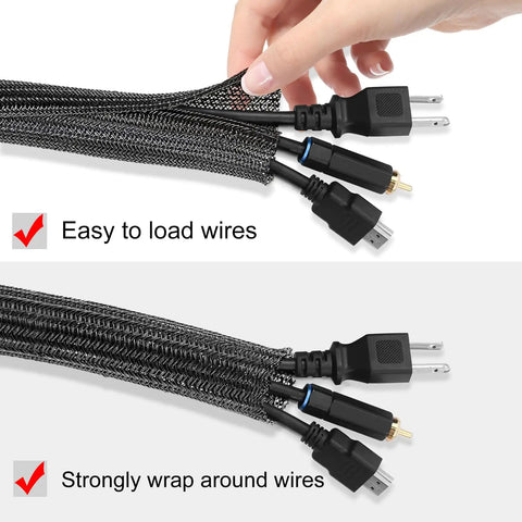 No Sweat 10 Foot 1/2 Inch Black Cable Sleeve Split Wire Loom Tubing showing easy loading and secure wrapping of cords.