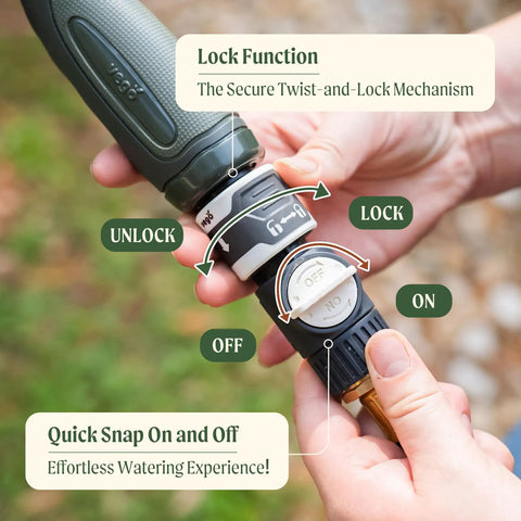 Hands adjusting lock mechanism on retractable garden hose reel with automatic rewind easy setup wall mounted 100 ft seaweed green