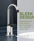 Top Shelf One Handle Low Arc Chrome Faucet For Countertop With Lead Free Drinking Water Flow, sleek chrome finish and easy to clean design.