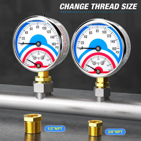 Pressure gauge pair: 2.5-inch stainless steel liquid-filled gauges, 0–160 psi and 30–250°F, lower-mount.