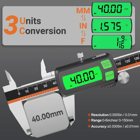 Type-C Rechargeable Digital Caliper with Stainless Steel Vernier, Unit Conversions F, Mm, and In, Large Backlit LCD visible