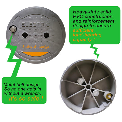 10 Inch Underground Electrical Junction Box For Outdoor Wiring In Ground Splice Box With Removable Lid, Heavy Duty PVC Construction, Weatherproof Plastic Box For Safe Yard Electrical Connections, showing top and interior views with metal bolt and PVC design.