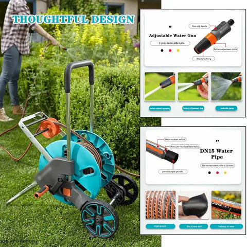 Heavy Duty Mobile Garden Hose Reel Cart With Rock Solid Non Slip Tires And Extendable Grip Means No Sweat Outdoor Watering quick fold design next to adjustable water gun.